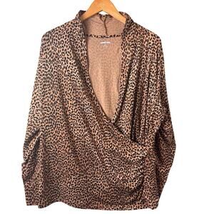 Lands End Animal Print Wrap Top Women’s Size 16 Ruched Long Sleeve Cheetah